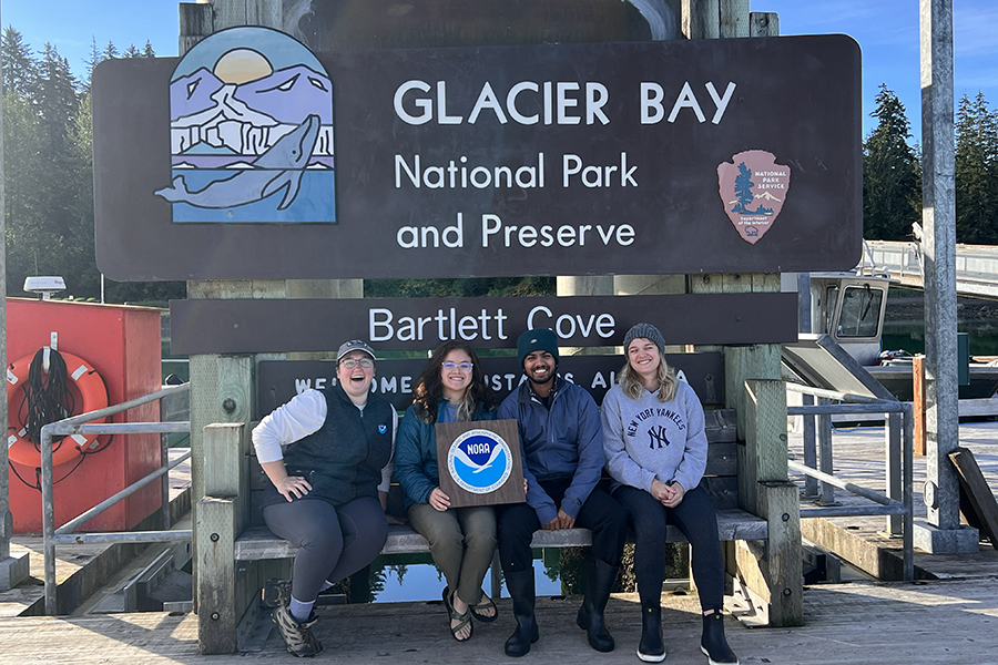 Andrea Emmanuelli (second from left) and fellow researchers in Glacier National Park, Emmanuelli’s favorite site visited during her three-week research cruise in the Gulf of Alaska. Photo courtesy Andrea Emmanuelli.